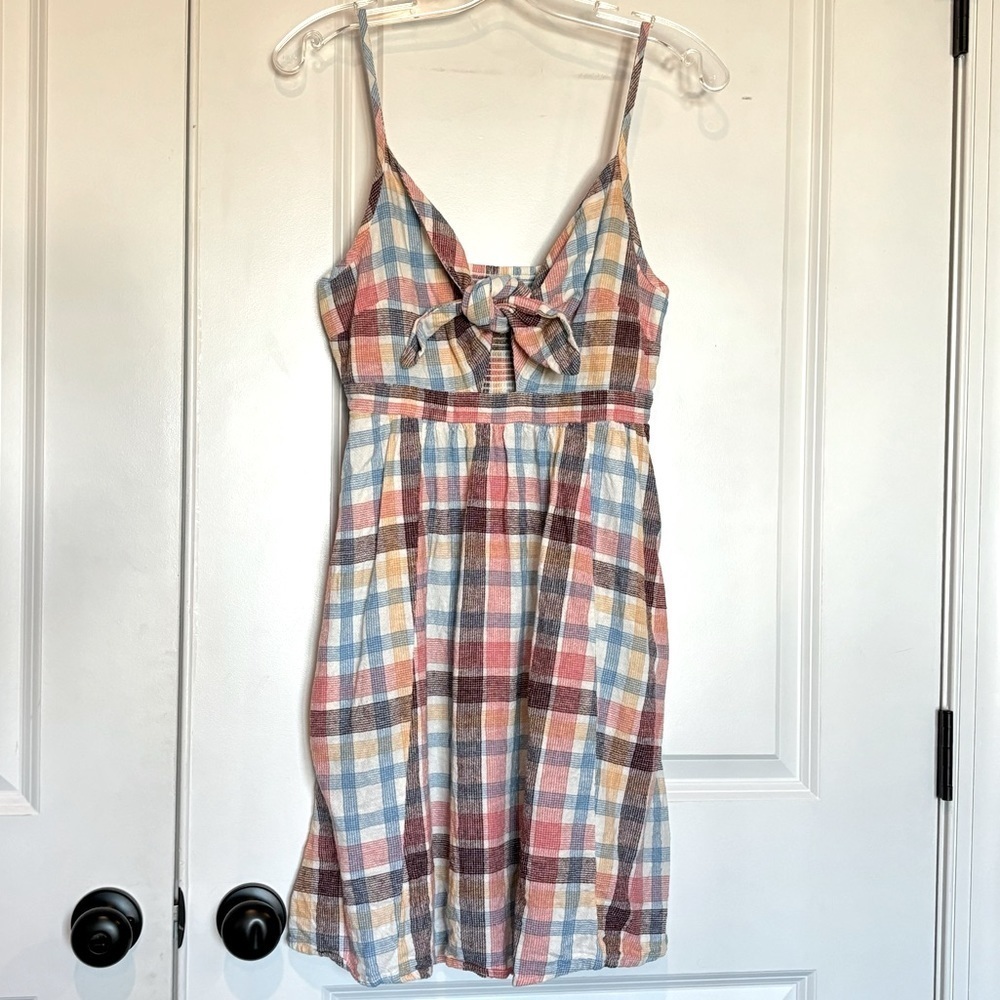 Old Navy Plaid Linen Blend Tie Front Dress Pockets S